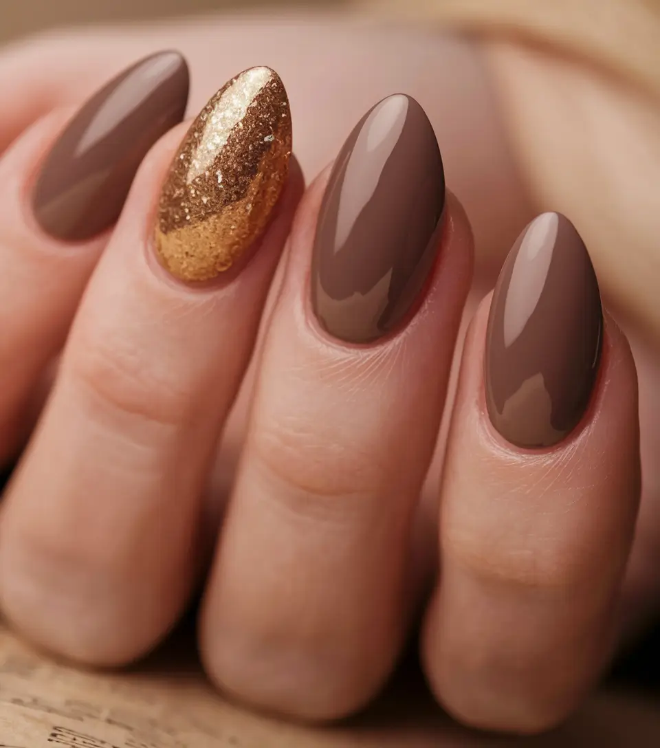 brown fall nails designs 2025 Golden Accent on Warm Mocha