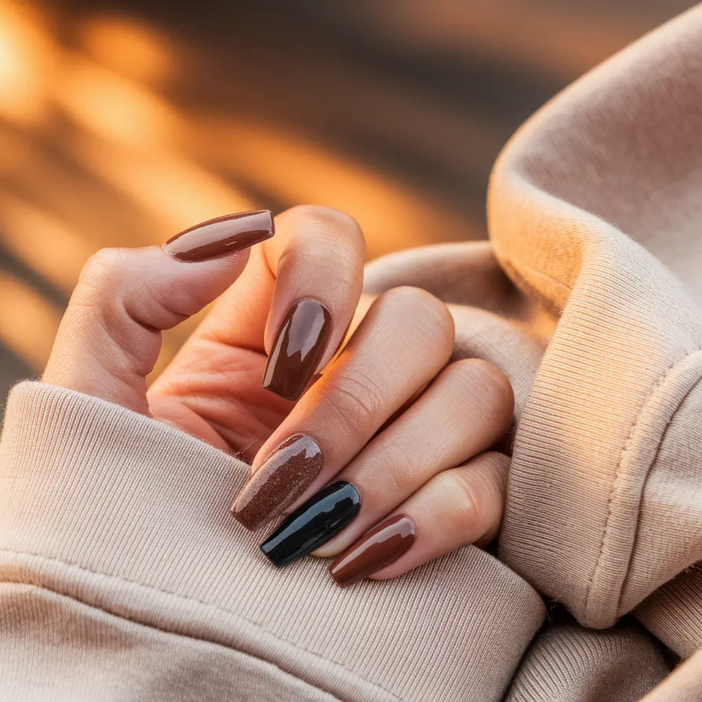brown fall nails designs 2025 Glossy Espresso with Shimmer Twist