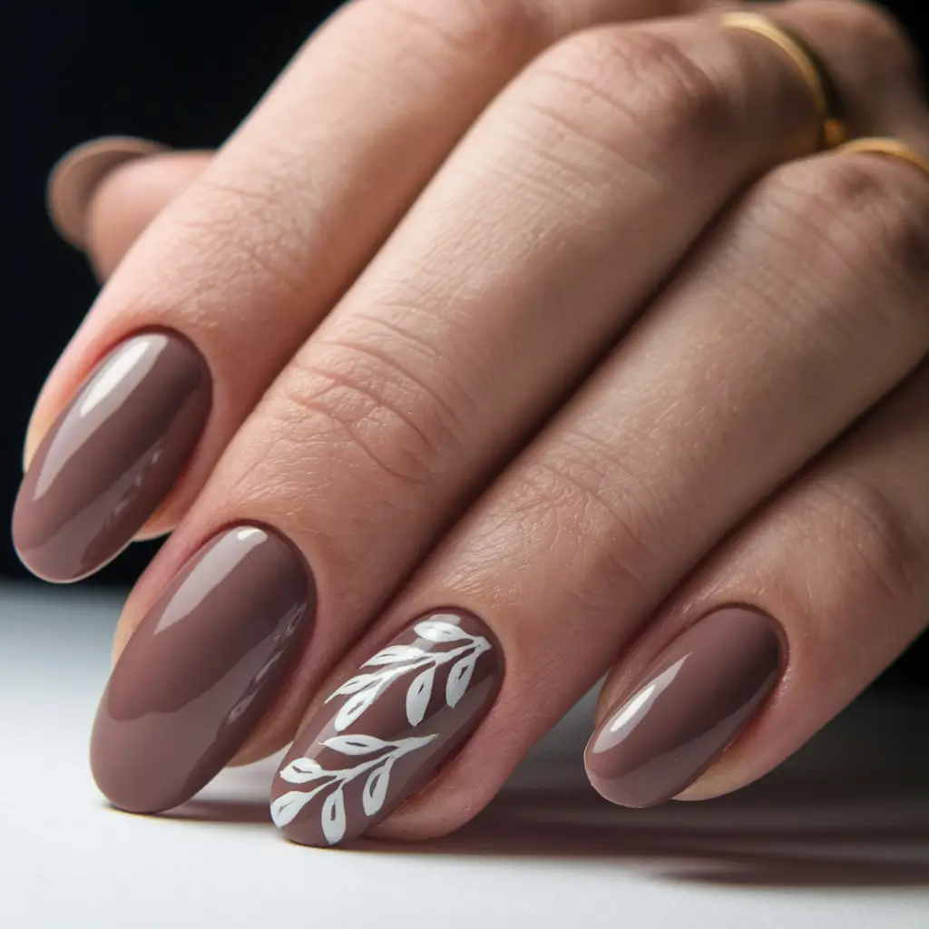 brown fall nails designs 2025 Soft Cocoa with Leafy Detail