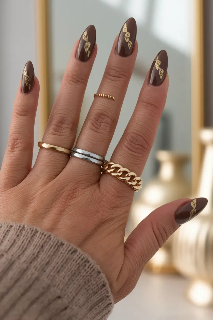 brown fall nails designs 2025 Almond Browns with Golden Accents