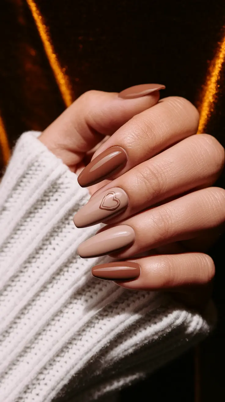brown fall nails designs 2025 Matte Browns with Heart Accent