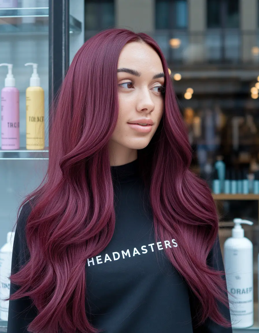 Burgundy Hair Inspiration for the Fall Season 2025 – Ultra-Plum Curtain Waves, Middle Part