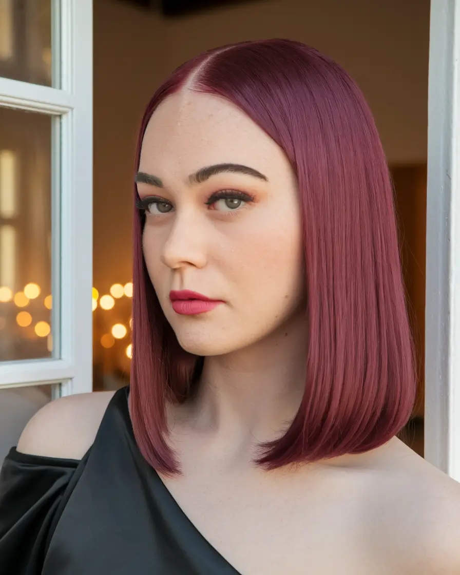 Burgundy Hair Inspiration for the Fall Season 2025 – Sleek Burgundy Lob with Tucked Ends