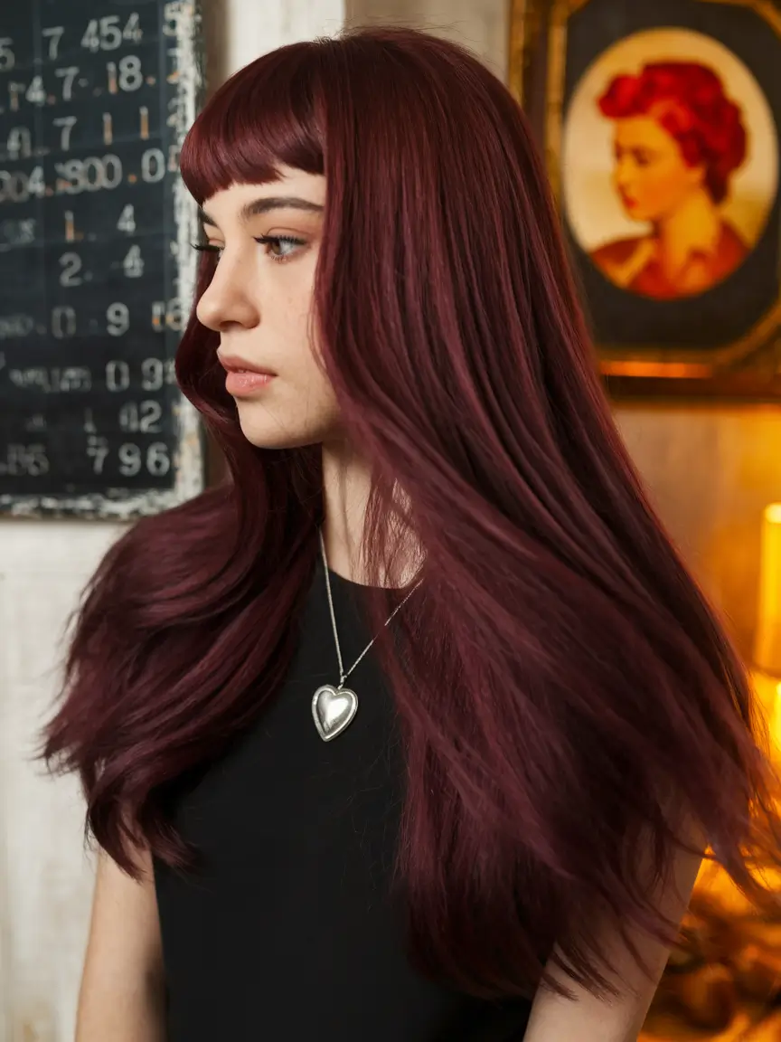 Burgundy Hair Inspiration for the Fall Season 2025 – Dark Cherry Length with Baby Fringe