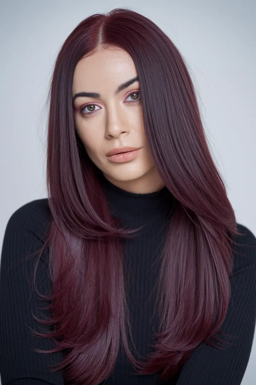 Burgundy Hair Inspiration for the Fall Season 2025 – Silk-Pressed Plum Layers, Center Part