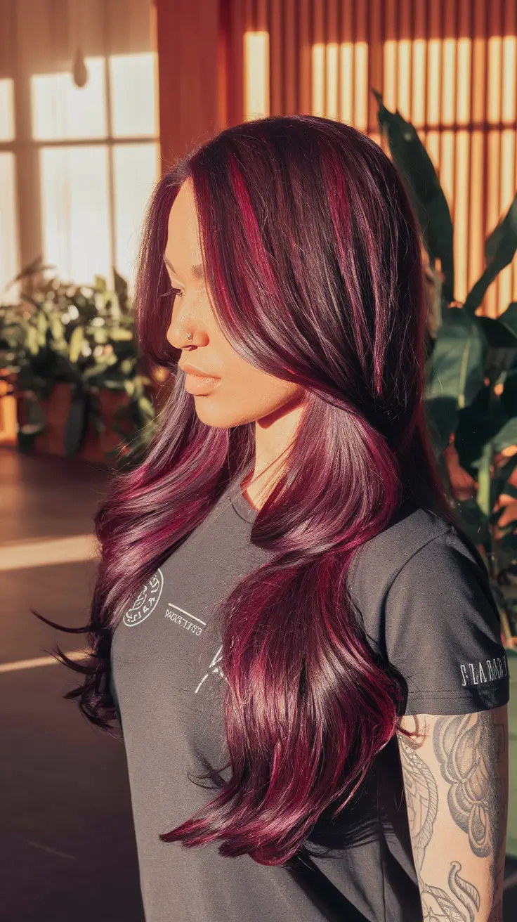 Burgundy Hair Inspiration for the Fall Season 2025 – Sunlit Plum Ribbons on Long Layers