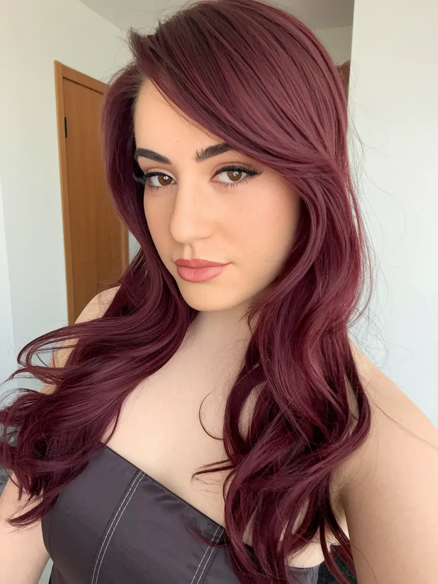 Burgundy Hair Inspiration for the Fall Season 2025 – Velvet Burgundy with Side Swoop