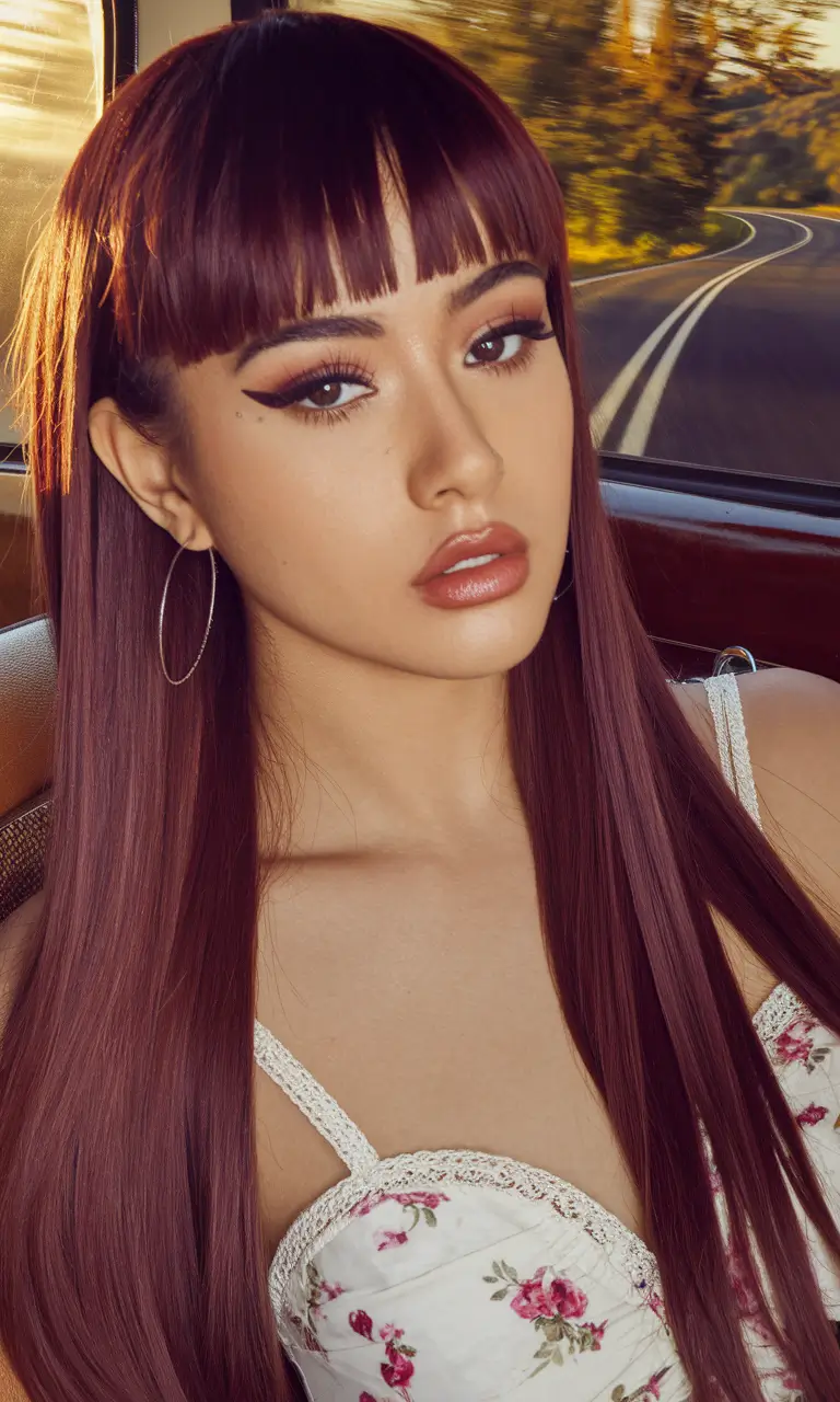 Burgundy Hair Inspiration for the Fall Season 2025 – Midnight Maroon Length with Blunt Fringe