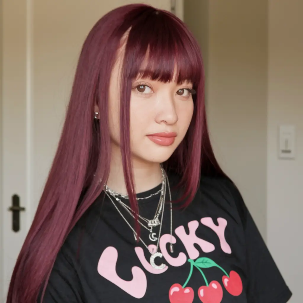 Burgundy Hair Inspiration for the Fall Season 2025 – Berry-Plum Straight with Baby Bangs