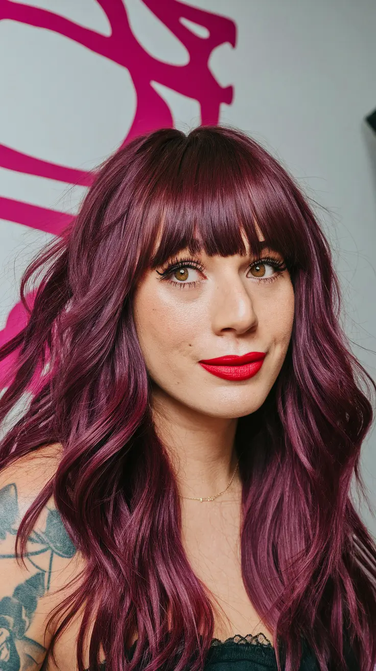 Burgundy Hair Inspiration for the Fall Season 2025 – Plum Velvet Waves with Full Fringe