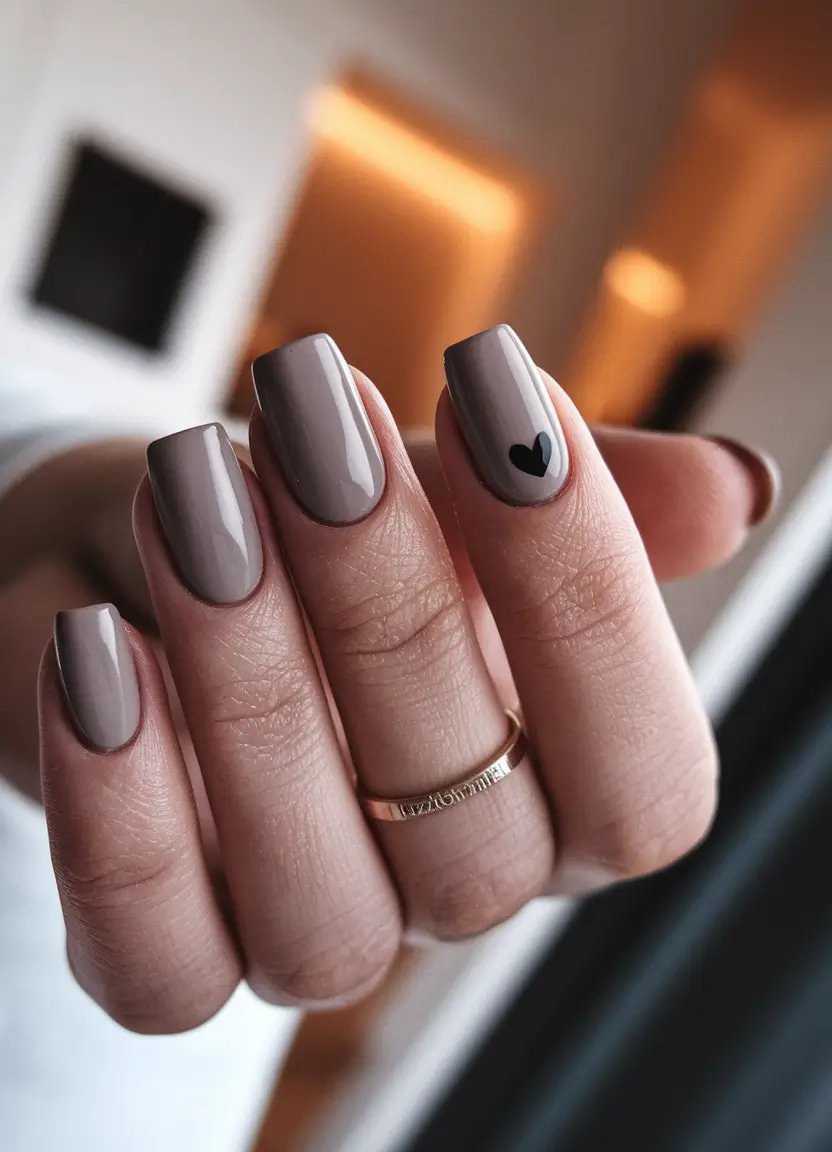 neutral fall nails 2025 Smoky Taupe with Heart Accent