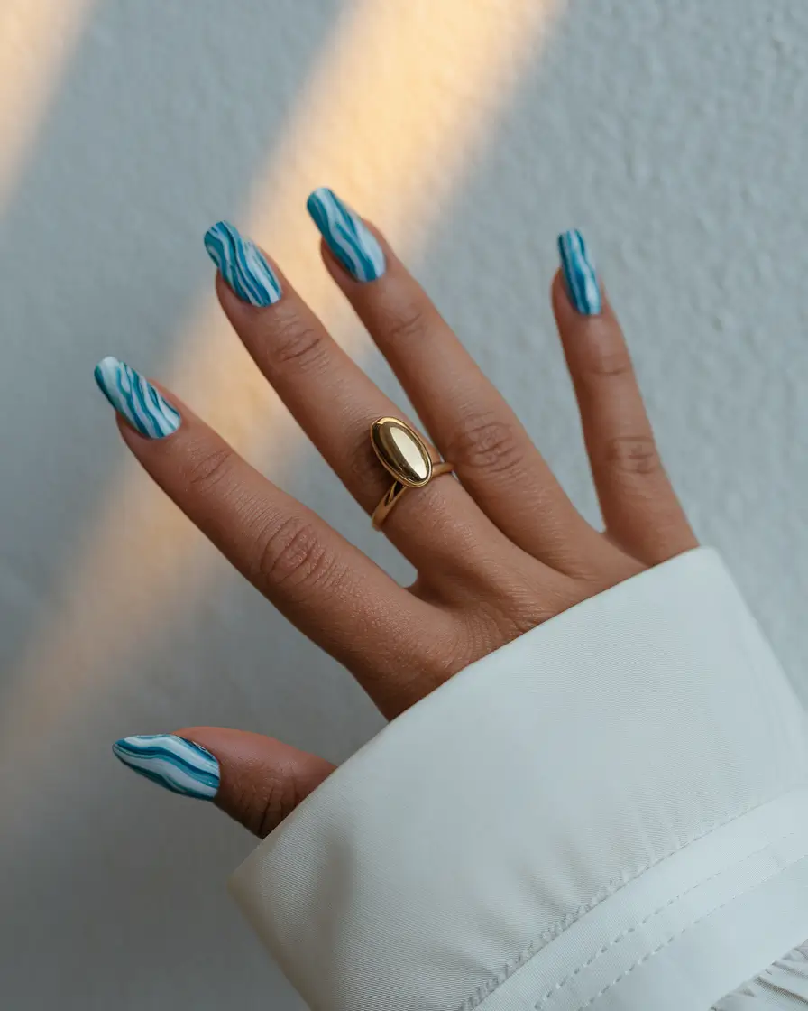 fall gel nails designs autumn 2025+Blue Marble Waves for Crisp Fall Days