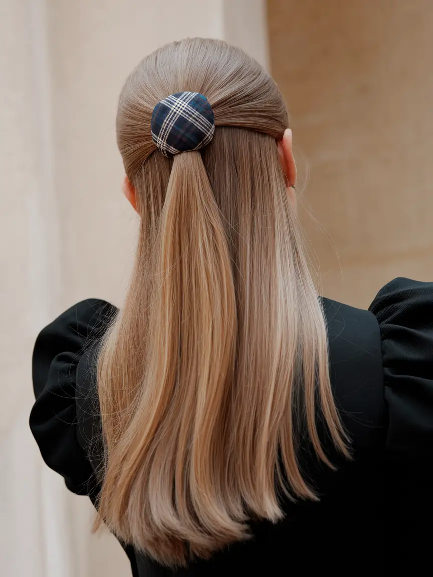 Cute and Easy Hairstyles for Fall Season 2025 Chic Half-Up with a Plaid Twist