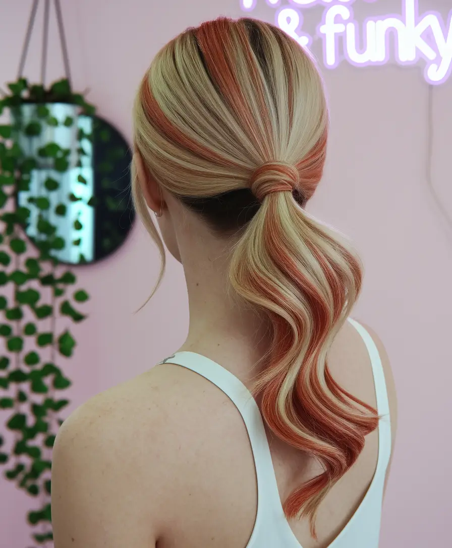 Playful Low Ponytail with Pops of Color easy fall hairstyles 2025