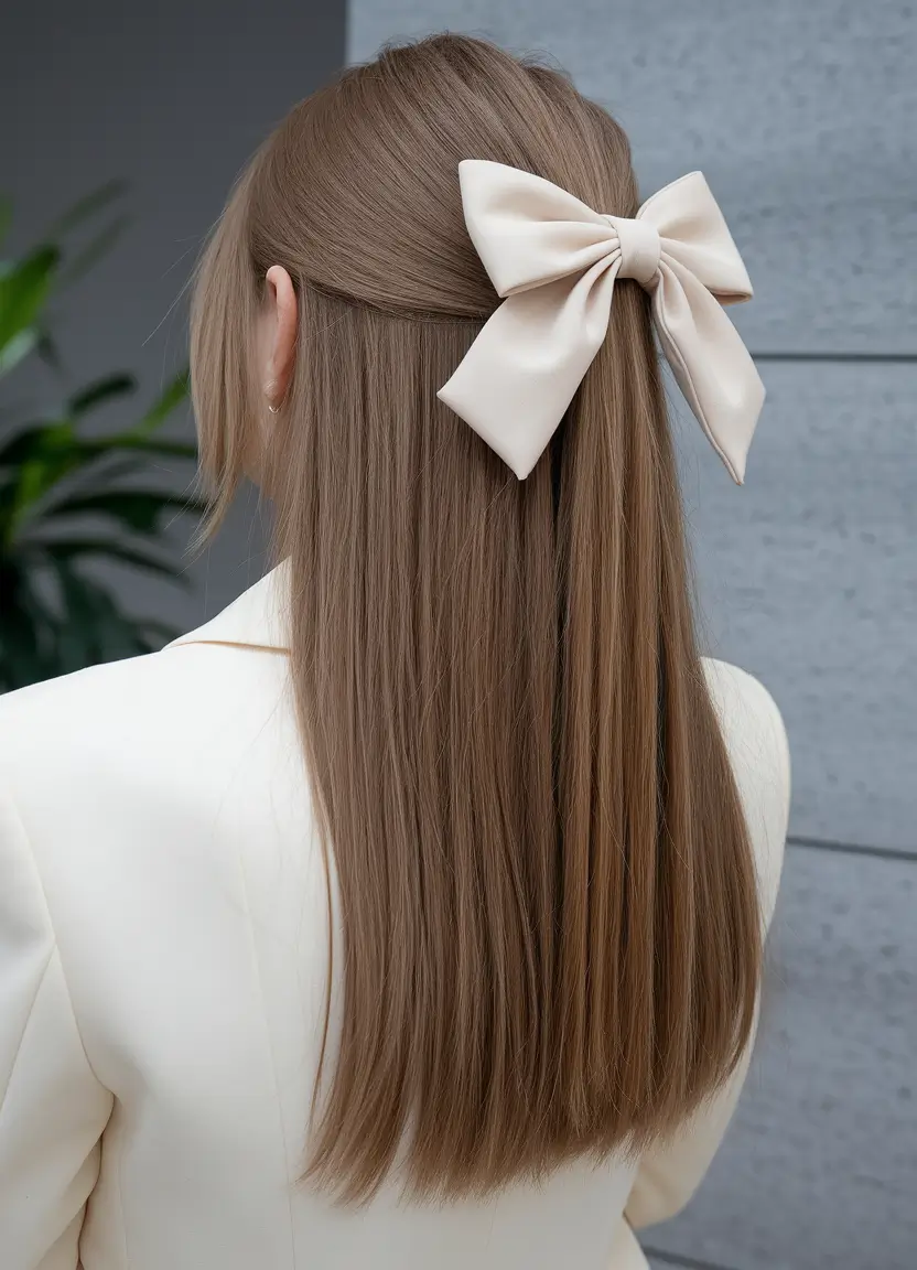 Polished Straight Hair with an Oversized Bow easy fall hairstyles 2025