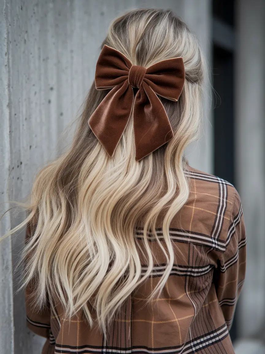 Cute and Easy Hairstyles for Fall Season 2025 Velvet Bow with Soft Waves