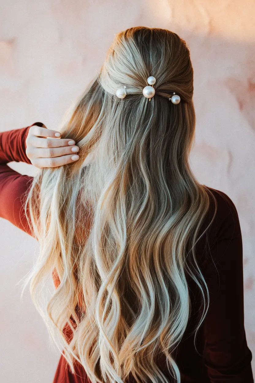 cute fall hairstyles for long hair Romantic Waves with Pearl Accents