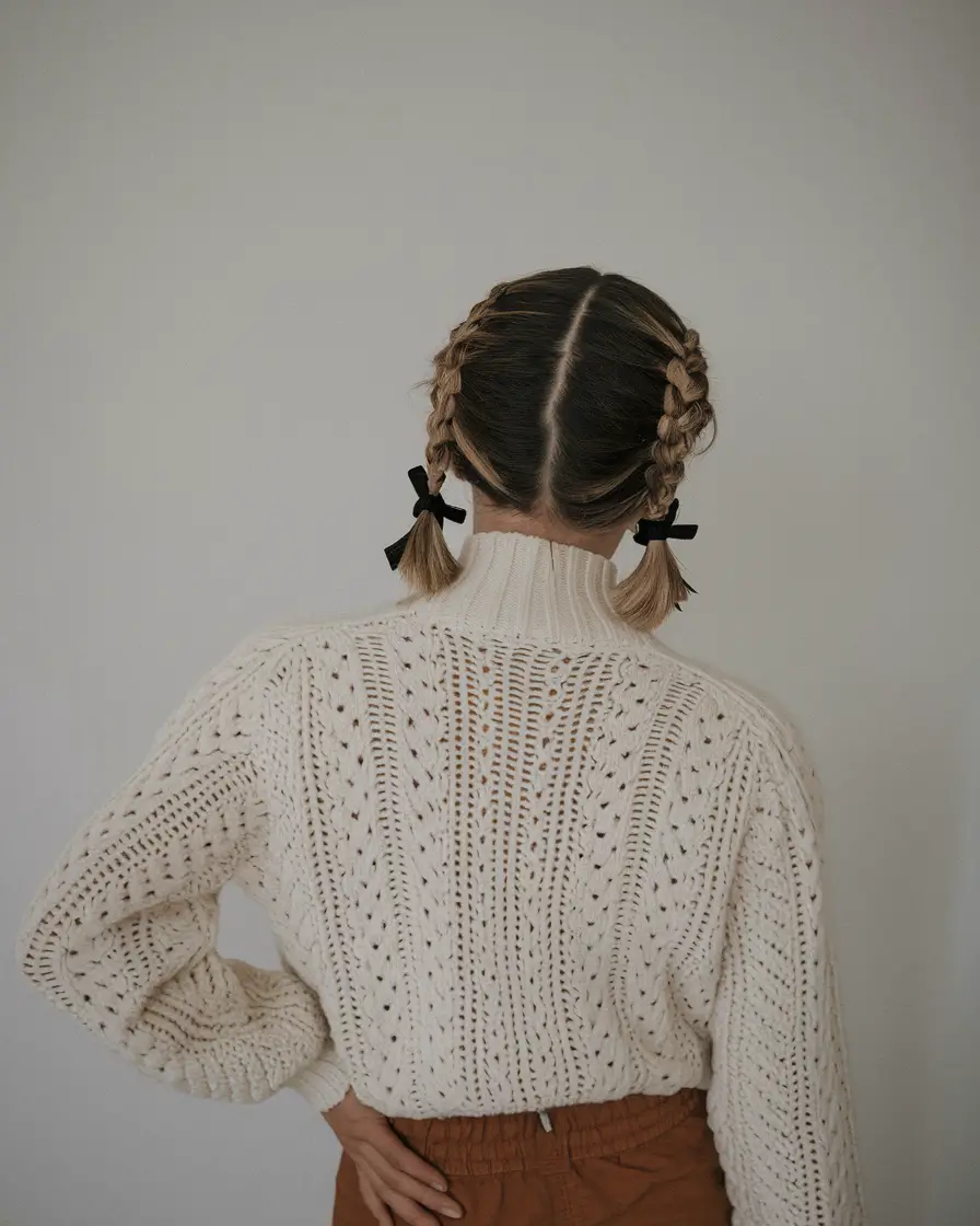 cute fall hairstyles for school Braided Pigtails with Velvet Bows