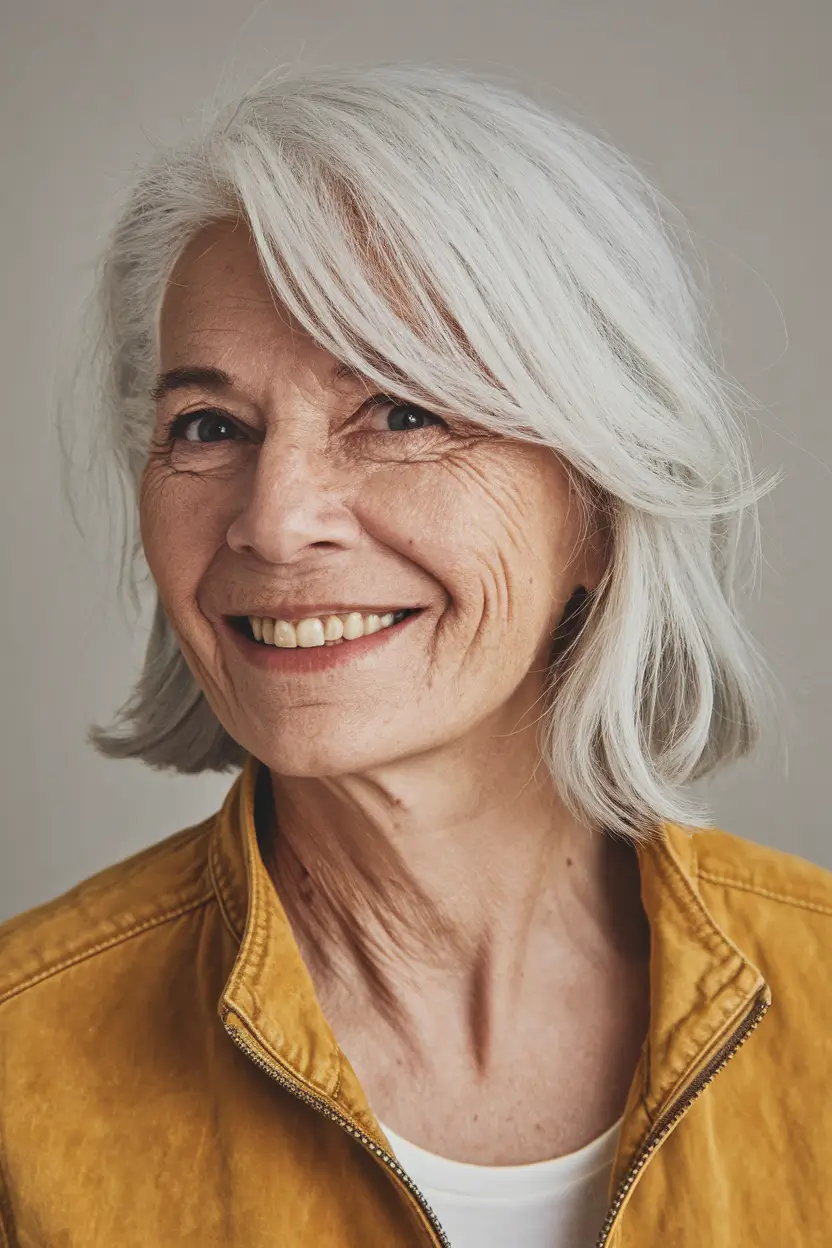 Elegant Fall hairstyles for Women Over 60 in 2025 – Silver Long Bob with Side-Swept Fringe