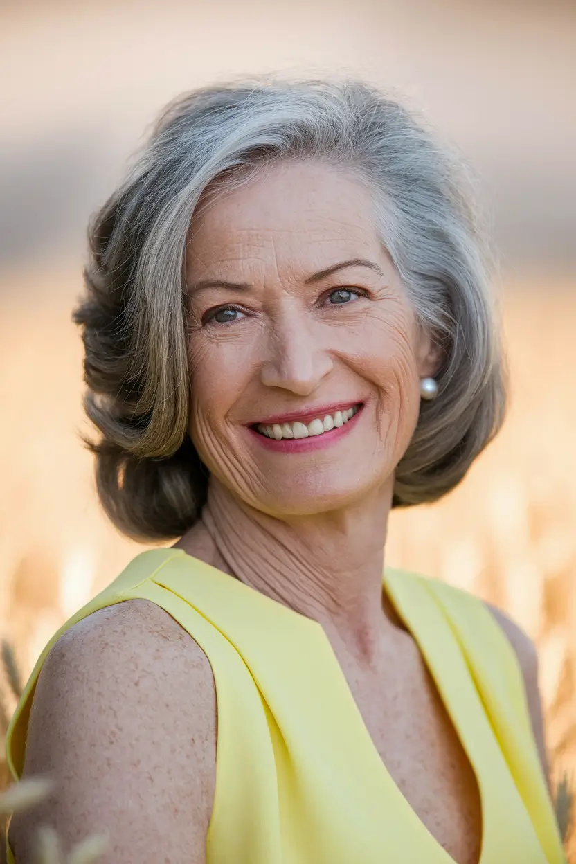 Elegant Fall hairstyles for Women Over 60 in 2025 – Polished Silver Bob with Soft Flip and Side Part