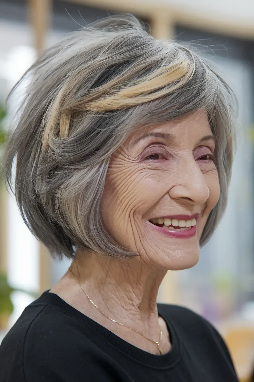 Elegant Fall hairstyles for Women Over 60 in 2025 – Salt-and-Pepper Bob with Champagne Money Piece