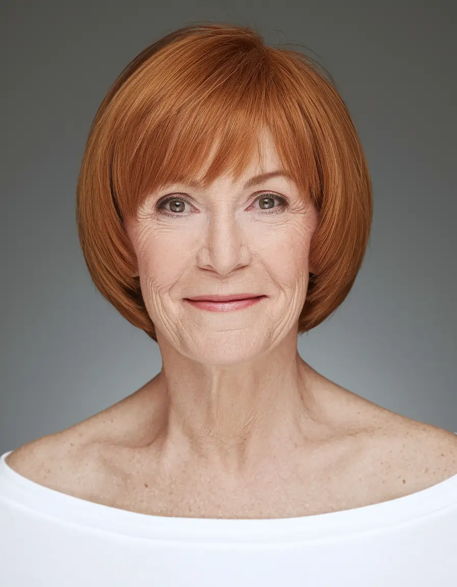 Elegant Fall hairstyles for Women Over 60 in 2025 – Copper Pageboy with Soft Fringe
