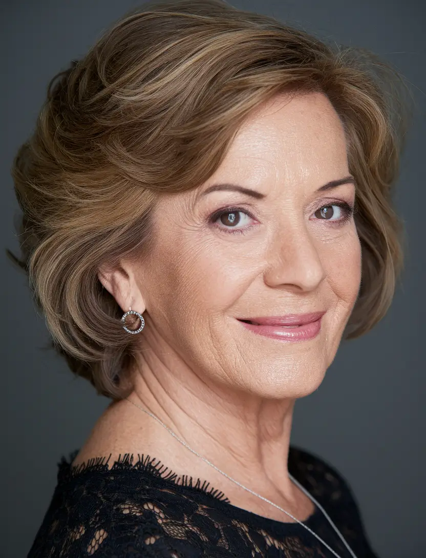 Elegant Fall hairstyles for Women Over 60 in 2025 – Layered Blowout Bob with Soft Back Sweep