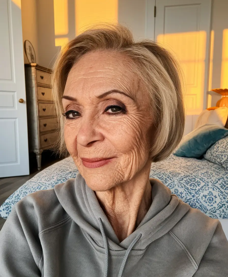 Elegant Fall hairstyles for Women Over 60 in 2025 – Golden-Hour Beveled Bob with Side Part