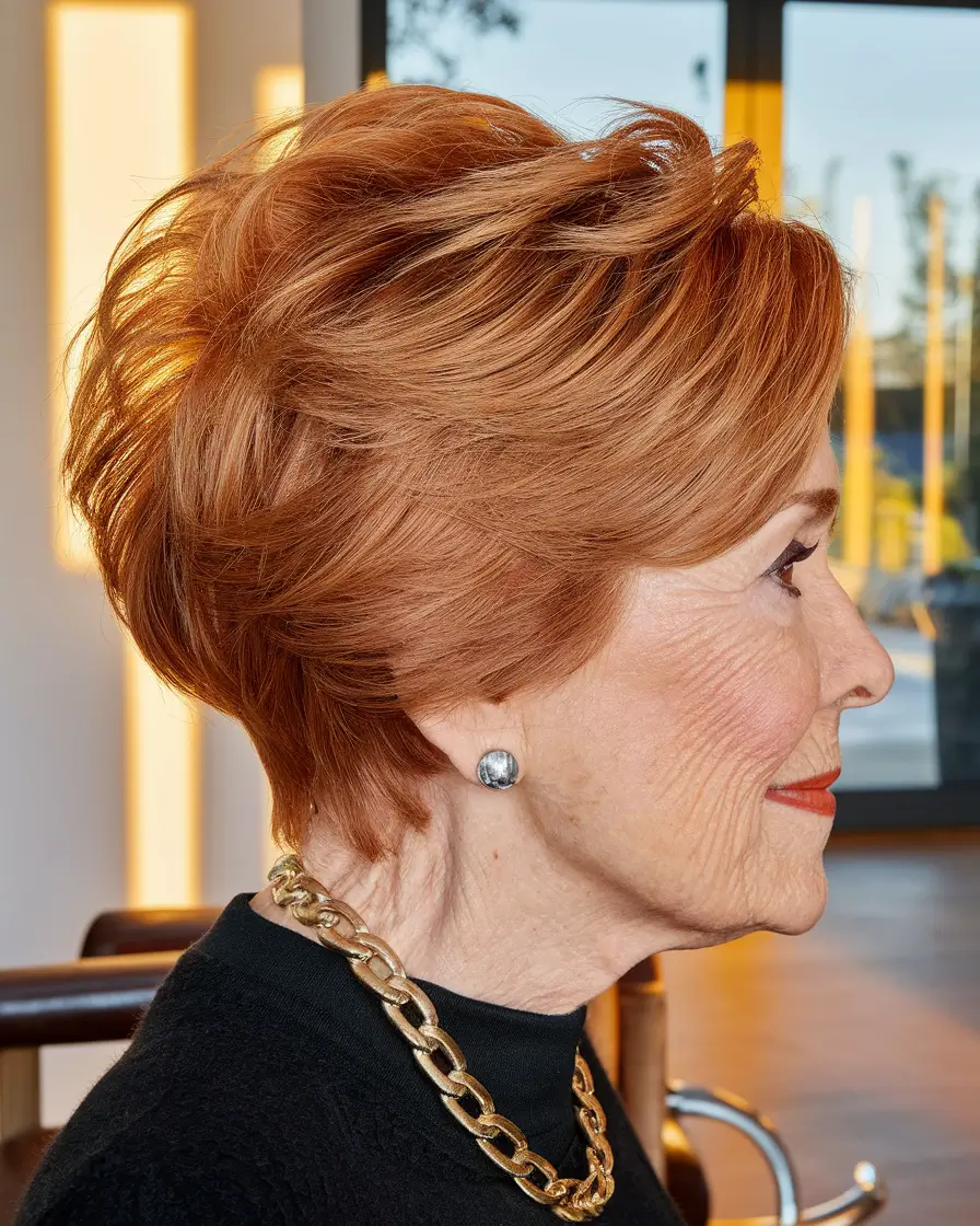 Elegant Fall hairstyles for Women Over 60 in 2025 – Voluminous Copper Crop with Airy Layers