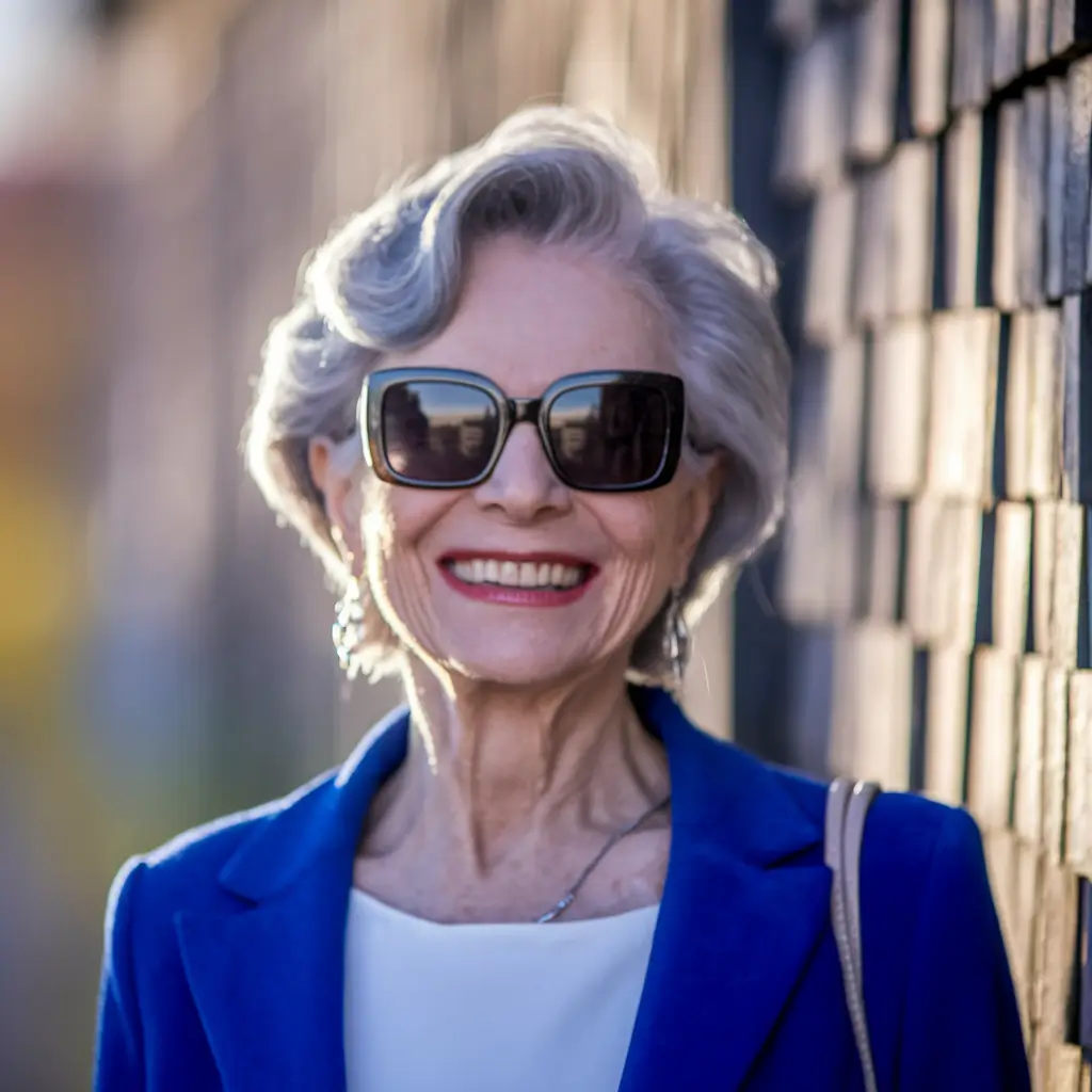 Elegant Fall hairstyles for Women Over 60 in 2025 – Silver Waves with Side Sweep and Sunglasses Swagger