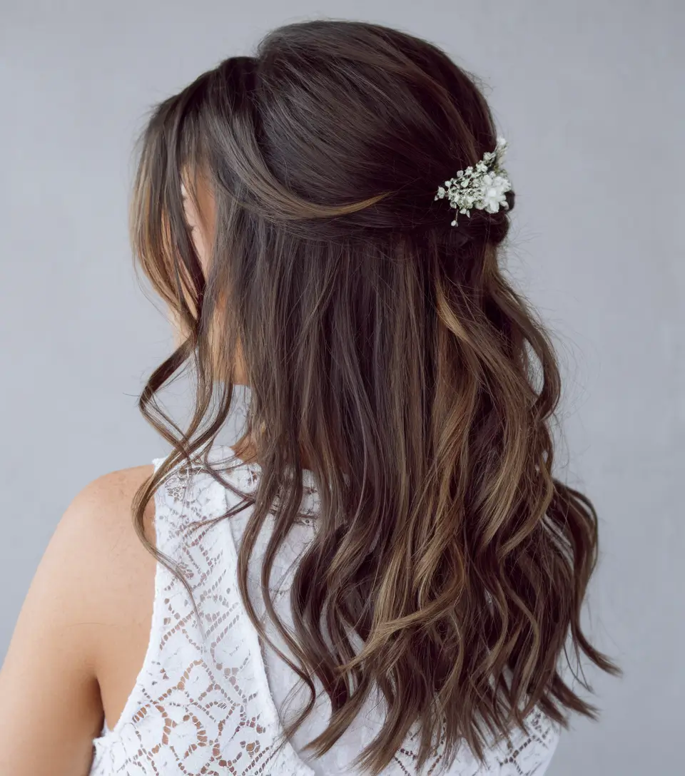 fall-wedding-hairstyles-long-hair-half-up-half-Romantic-Half-Up-with-Babys-Breath