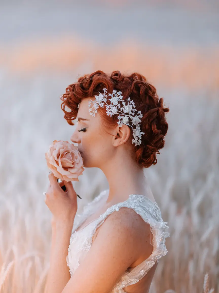 fall-wedding-hairstyles-short-hair Whimsical Curly Pixie with Floral Sidepiece