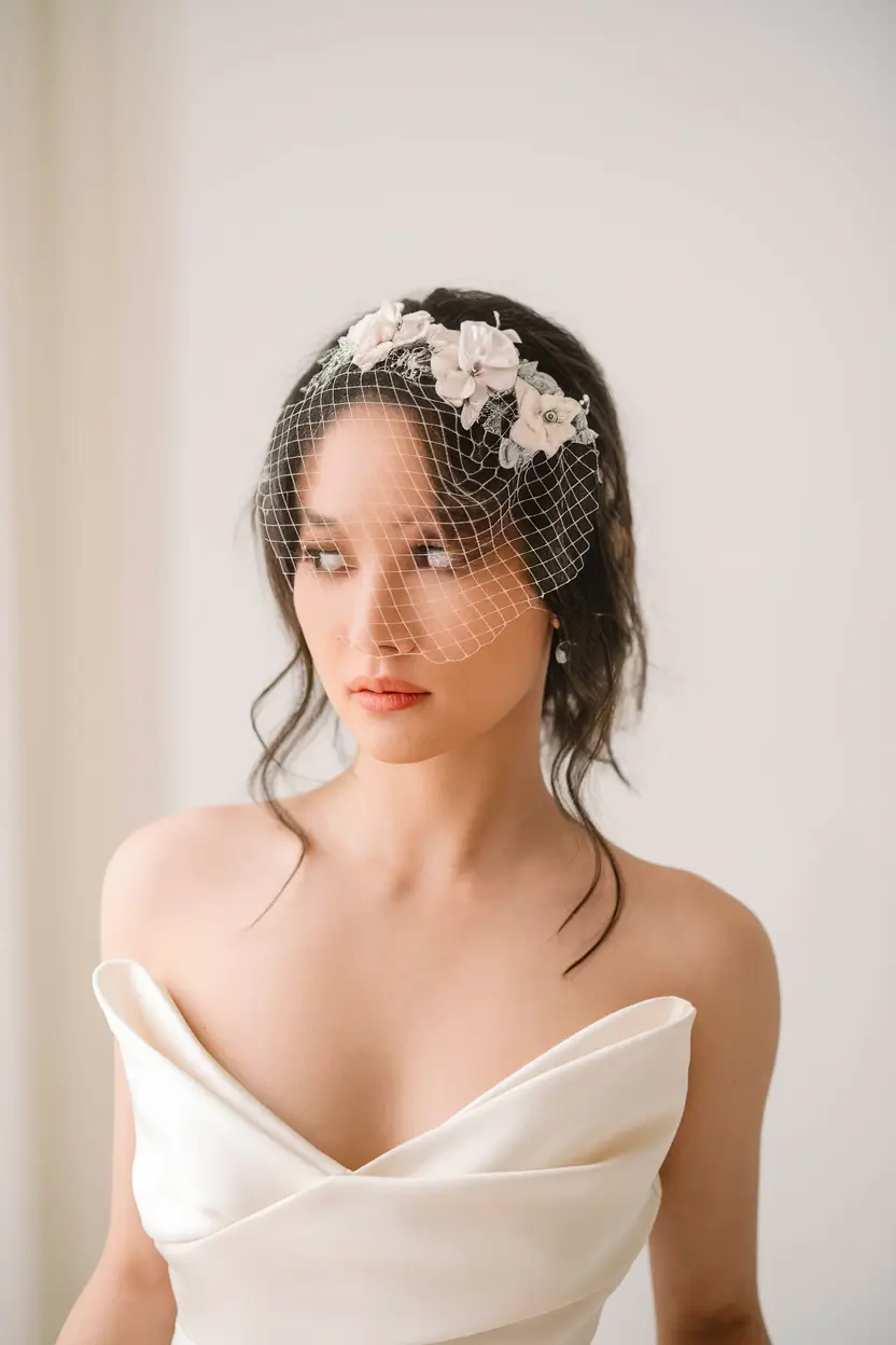 fall-wedding-hairstyles-with-veil Romantic Waves with Vintage Birdcage Veil