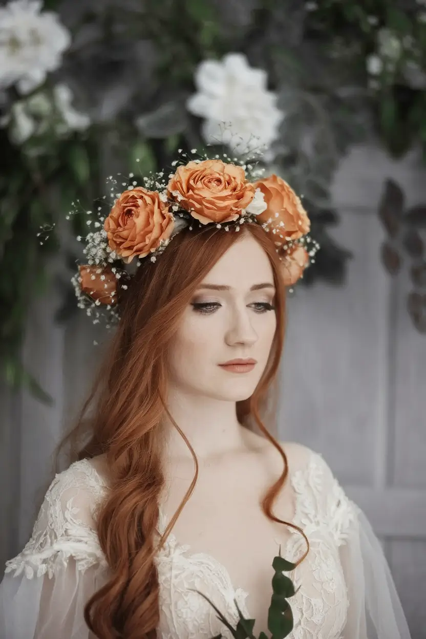 fall-wedding-hairstyles-boho-Floral-Crown-with-Flowing-Lengths