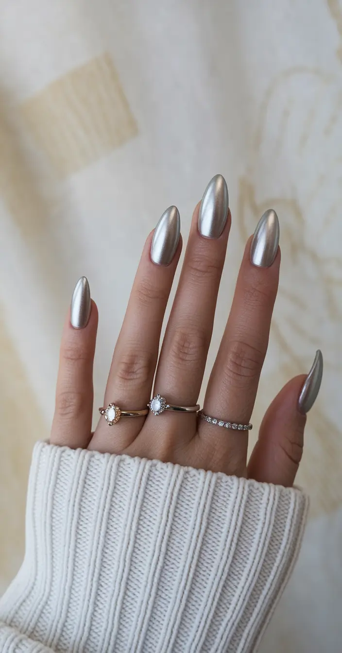 fall chrome nails 2025 Soft Metallic Almond