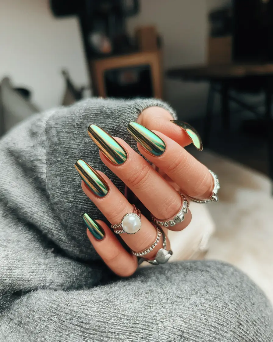 fall chrome nails 2025 Emerald Metallic Shift