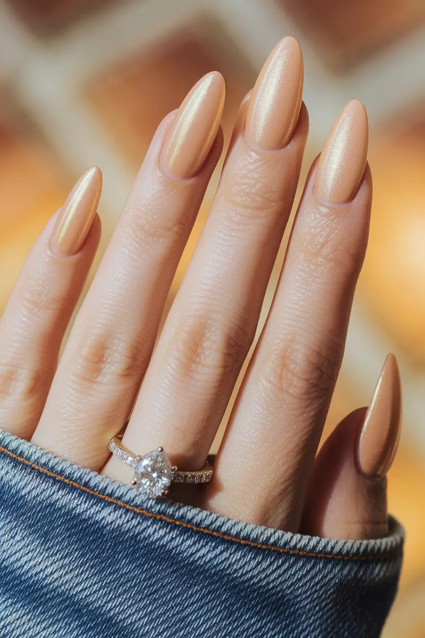 fall chrome nails 2025 Peach Glow Almond