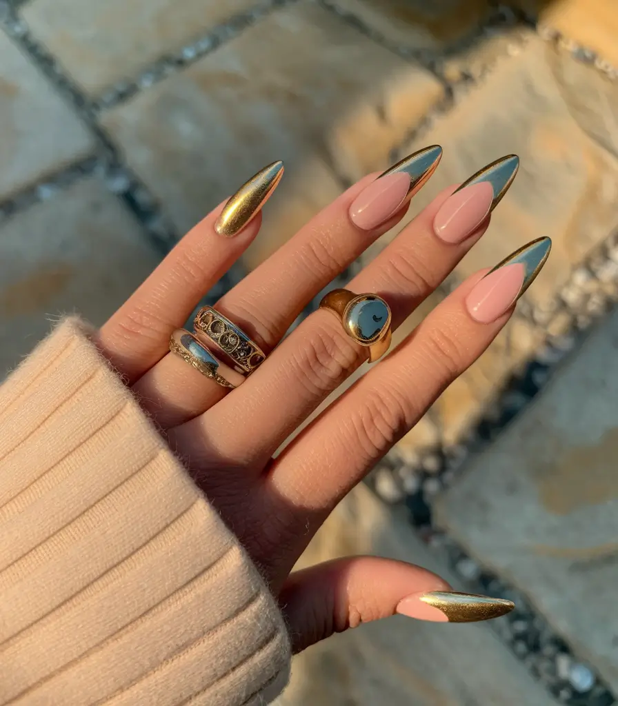 fall chrome nails 2025 Golden Edge French Twist