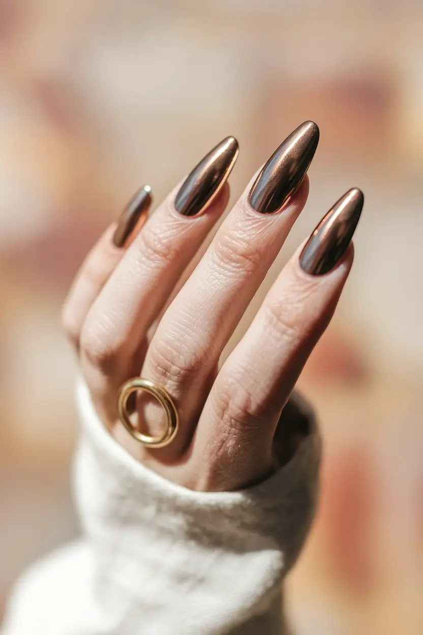 fall chrome nails 2025 Bronze Midnight Magic