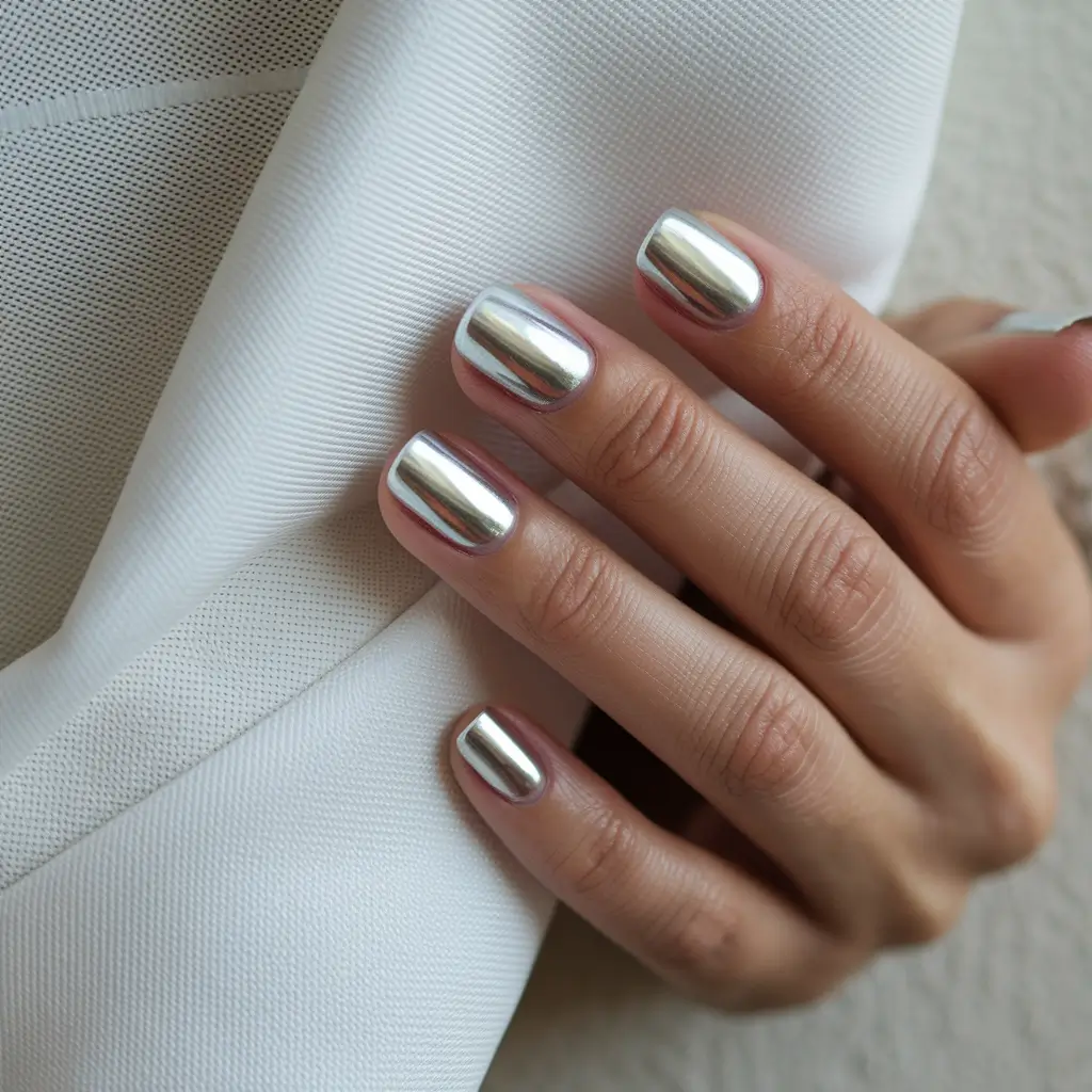 fall chrome nails 2025 Minimalist Silver Square