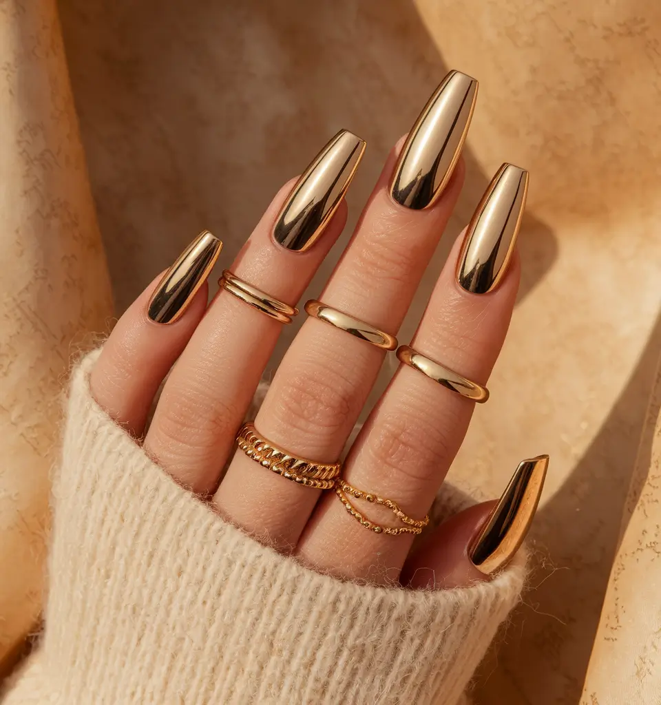 fall chrome nails 2025 Golden Luxe Coffin