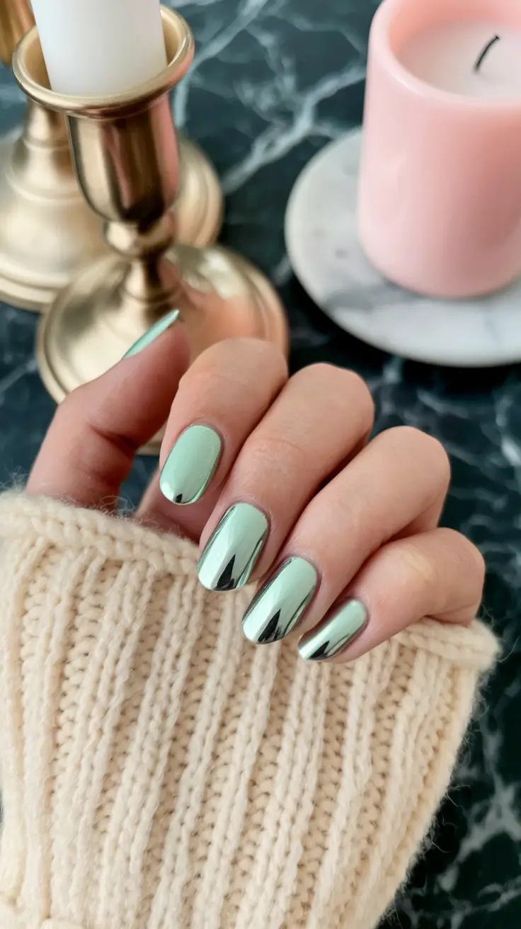 fall chrome nails 2025 Frosted Mint Shine