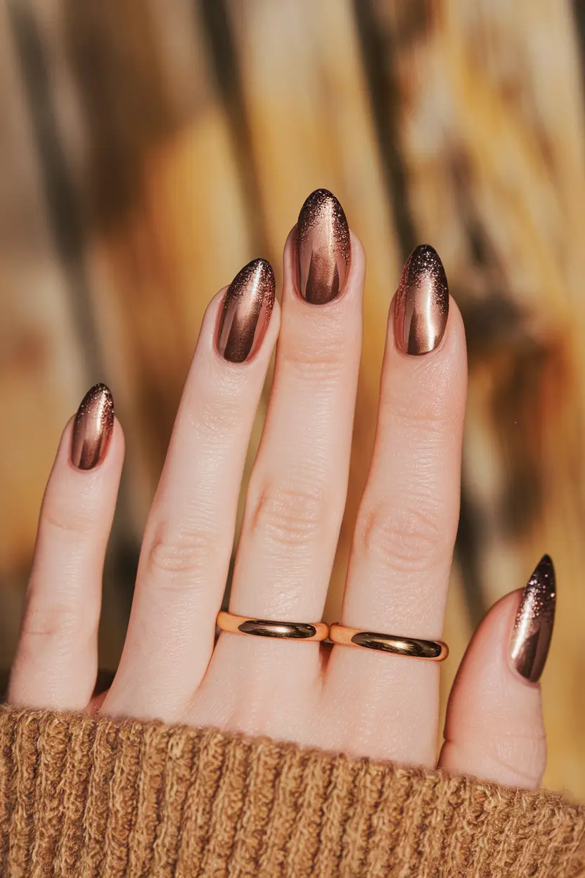 fall chrome nails 2025 Bronze Glitter Fade