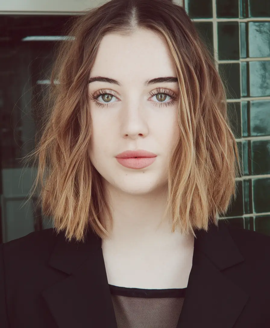 fall hairstyle short hair+Textured Honey Lob with Natural Roots