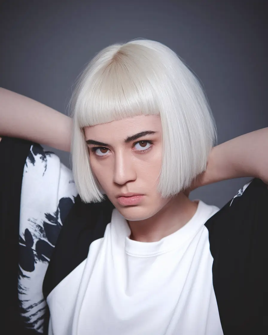 fall hairstyle short hair+Ice-Blonde Micro Bob with Baby Bangs