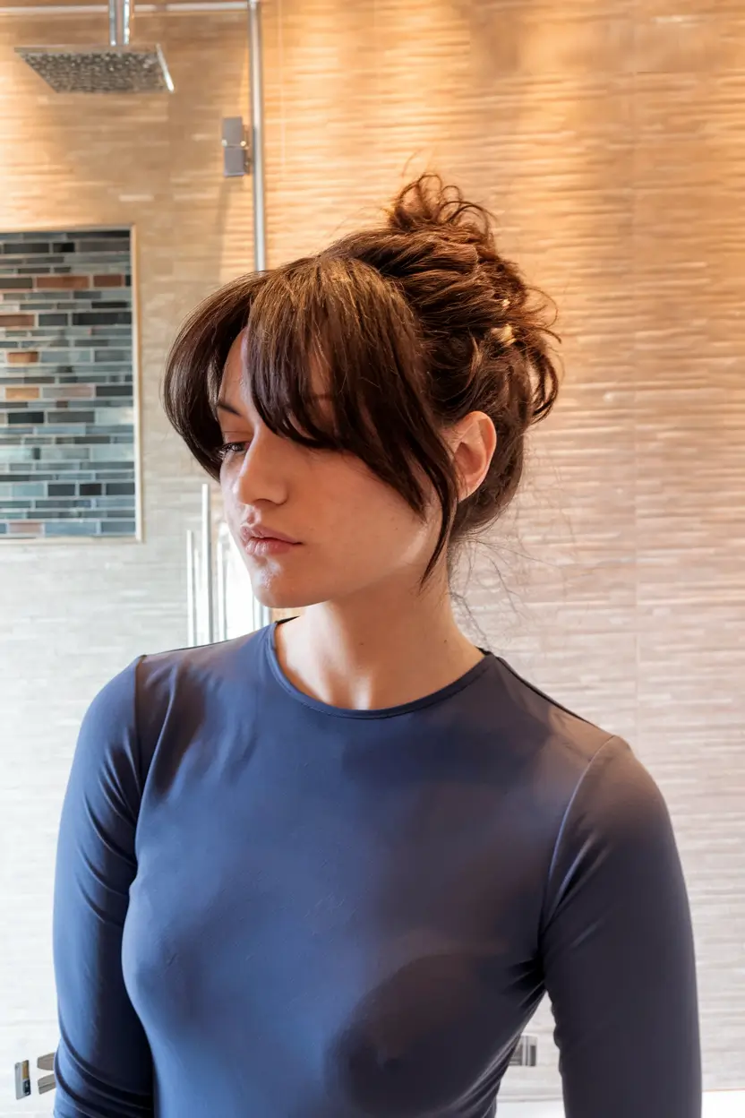 hairstyles for round faces+Textured Bun with Curtain Bangs