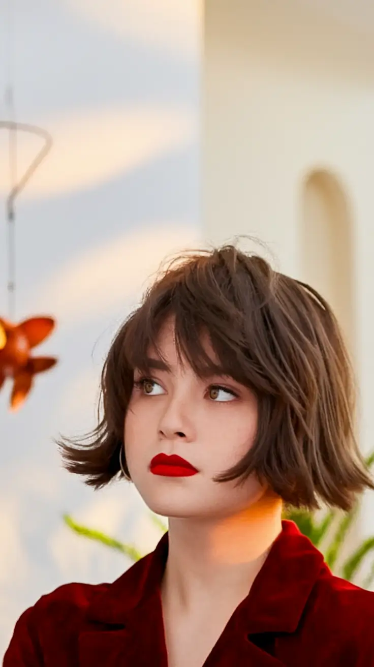 hairstyles for round faces+French Bob with Wind-Tossed Layers