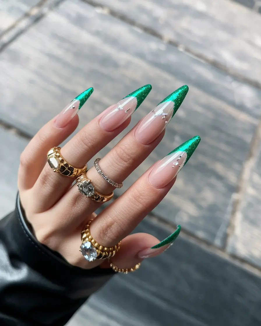Fall 2025 Nail Color Ideas for Women Over 50 – Emerald V-French Sparkle