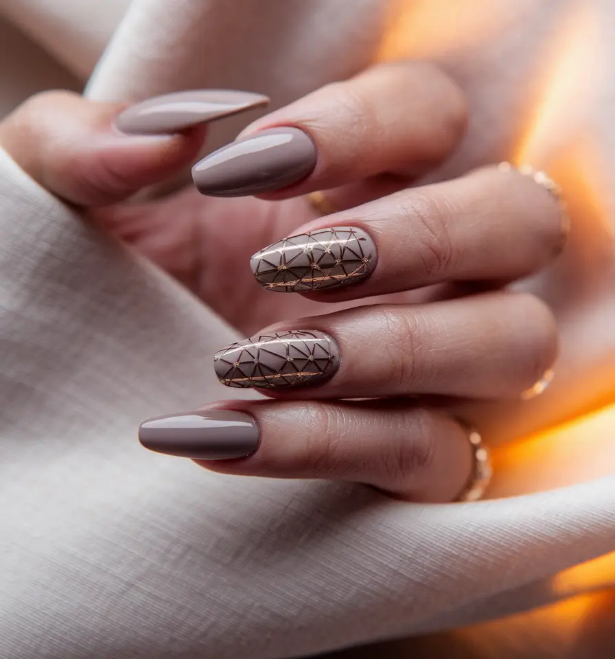 Fall 2025 Nail Color Ideas for Women Over 50 – Cashmere Taupe with Gilded Lattice