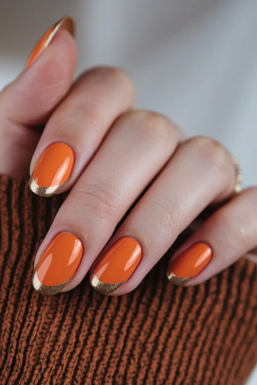 Fall 2025 Nail Color Ideas for Women Over 50 – Pumpkin Micro-French in Gold